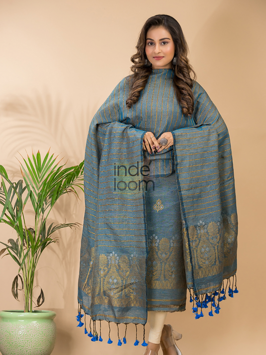Dusty Aqua | Handloom Jamdani Linen Unstitched 2-Piece Kurti | Benaras Design