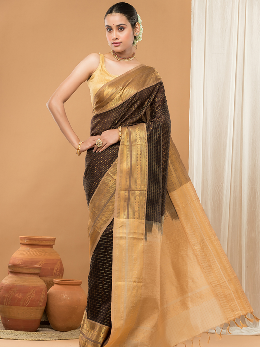 Pure Handloom Korvai Saree | Dark Brown With Golden Pallu Broder