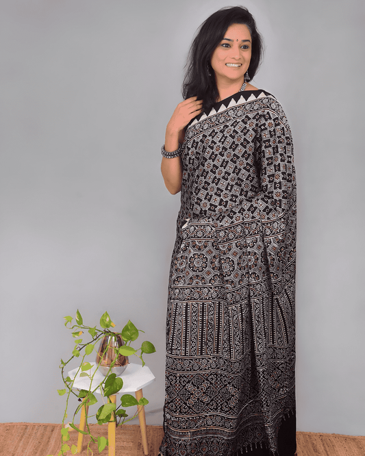 Ajrakh Exclusive Designer Modal Silk in Black and Blue with Intricate Pattern - 043 - indeloom