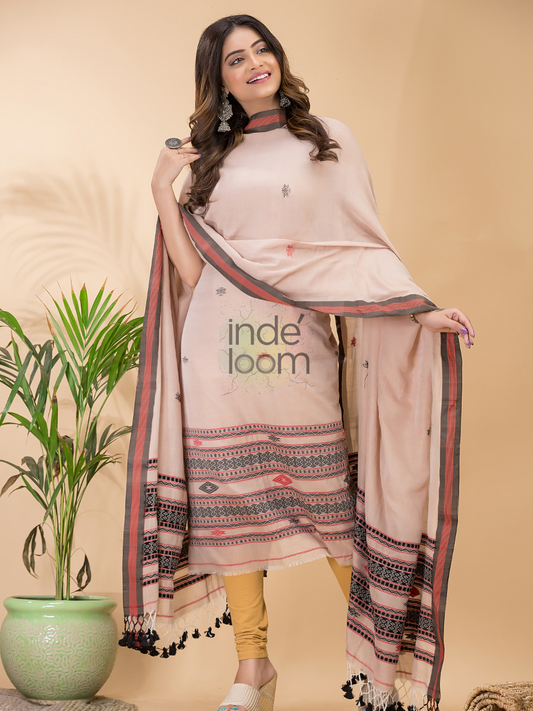 Cream Beige | Handloom Jamdani Mercerised-Cotton Unstitched 2-Piece Kurti | Bhujodi Design