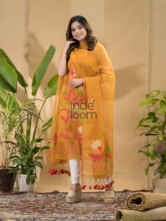 Marigold Gold | Handloom Jamdani Muslin Unstitched 2-Piece Kurti | Tantuj Design