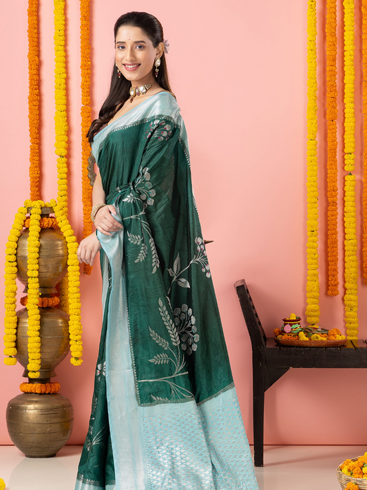 Classic Benarasi Semi Silk Saree | Dark Green