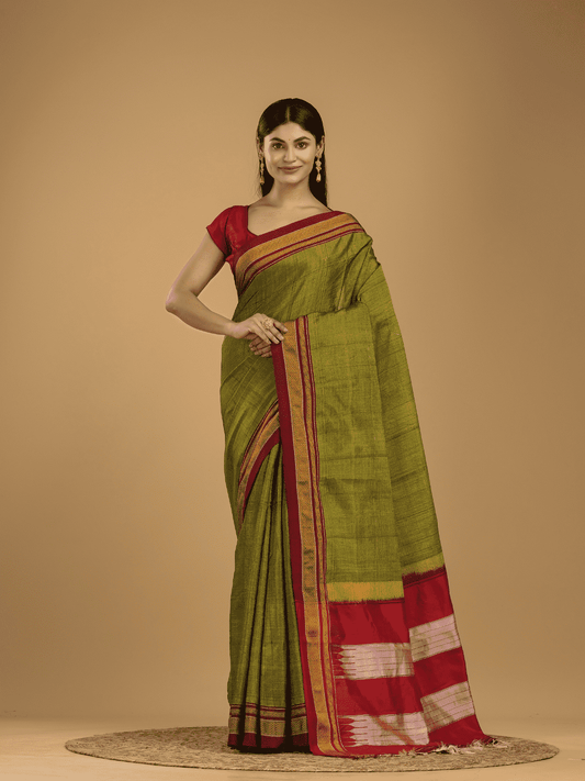 Pure Ilkal Saree With Olive Greenand Red Border - 048