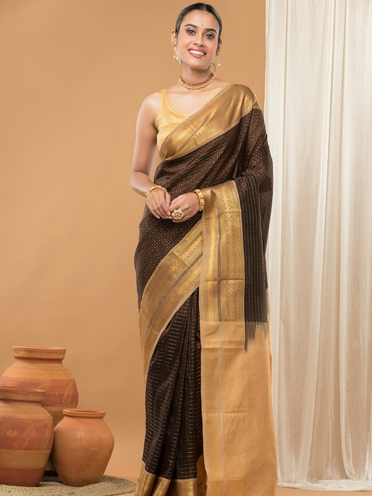 Pure Handloom Korvai Saree | Dark Brown With Golden Pallu Broder