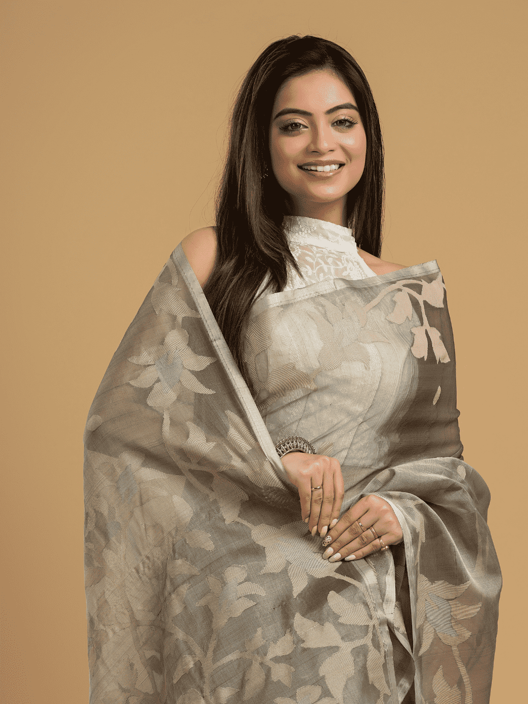 Light Black Cotton Silk Jamdani Saree - 027 - indeloom