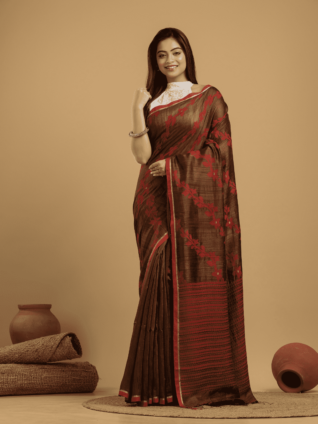 Red Brown Matka Silk Jamdani Saree - 049