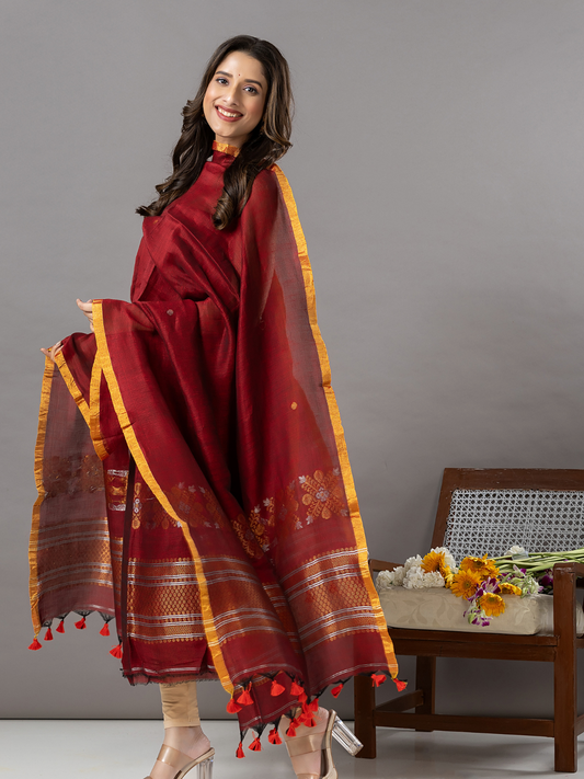 Handwoven Jamdani Linen Unstitched 2-Piece Kurti | Crimson Red