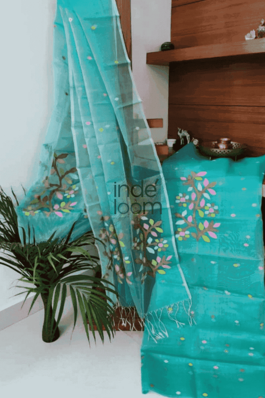 Tiffany Blue | Handloom Jamdani Muslin Unstitched 2-Piece Kurti | Biswabangla Design