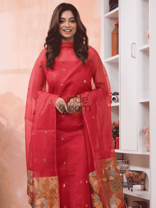 Imperial Red Paithani Muslin Jamdani 2-Piece Set Kurti Dupatta (UNSTITCHED) -586 - indeloom