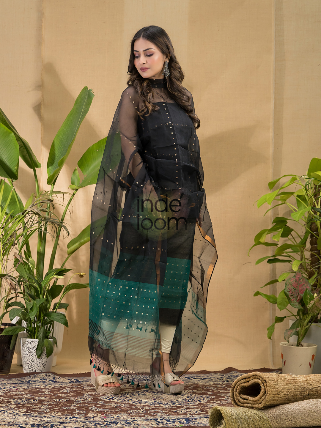 Dark Black Sequin Jamdani 2-Piece Set Kurti & Dupatta (UNSTITCHED) -758