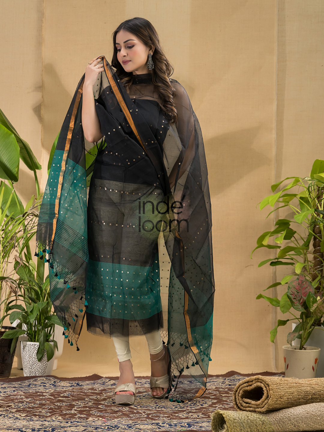 Dark Black Sequin Jamdani 2-Piece Set Kurti & Dupatta (UNSTITCHED) -758