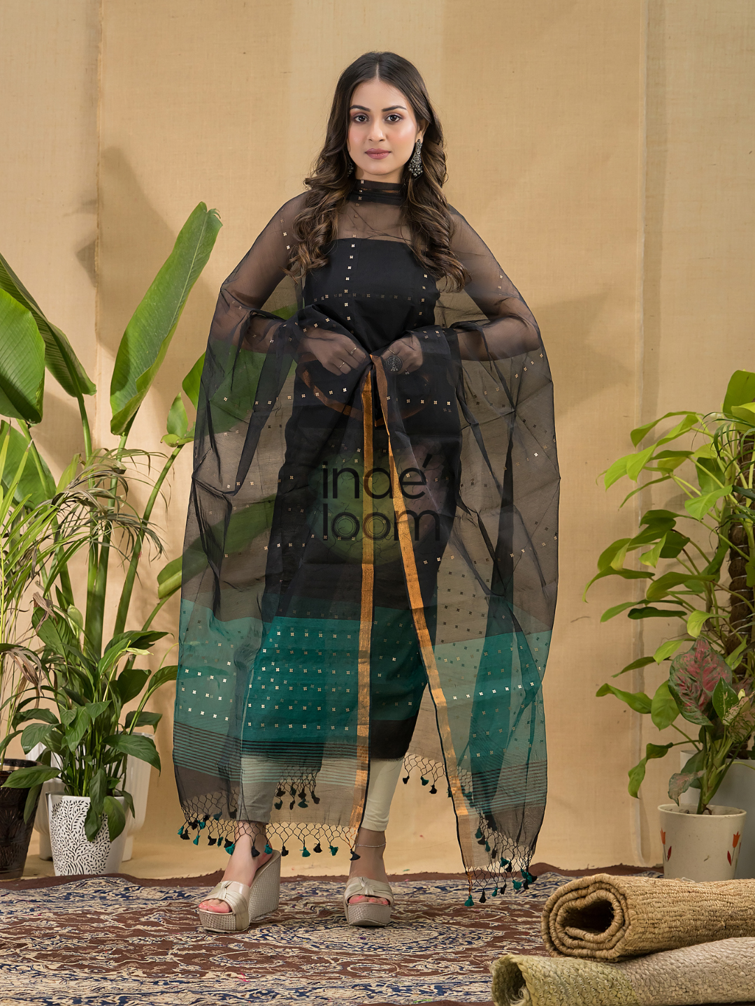Dark Black Sequin Jamdani 2-Piece Set Kurti & Dupatta (UNSTITCHED) -758