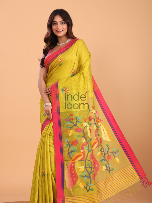 Silk Saree With Neon Yellow - 138
