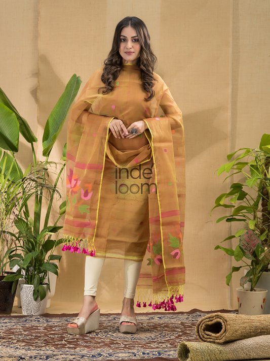 Antique Gold | Handloom Jamdani Muslin Unstitched 2-Piece Kurti | Tantuj Design