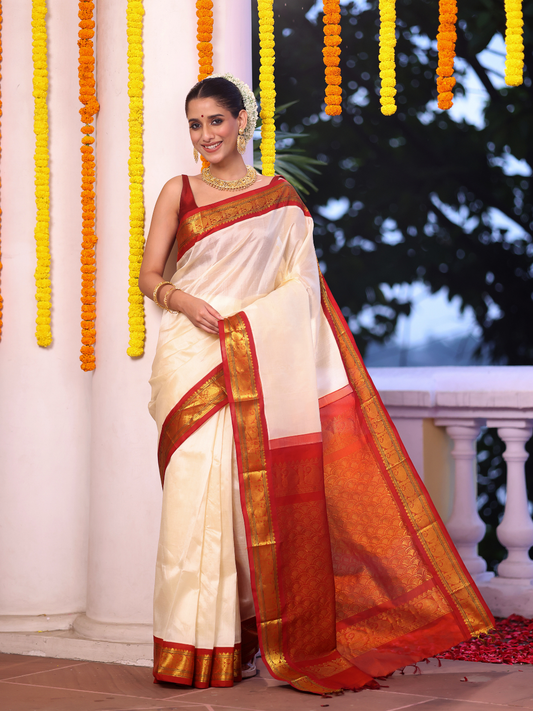 Pure Handloom Korvai Saree | Cream White and Red