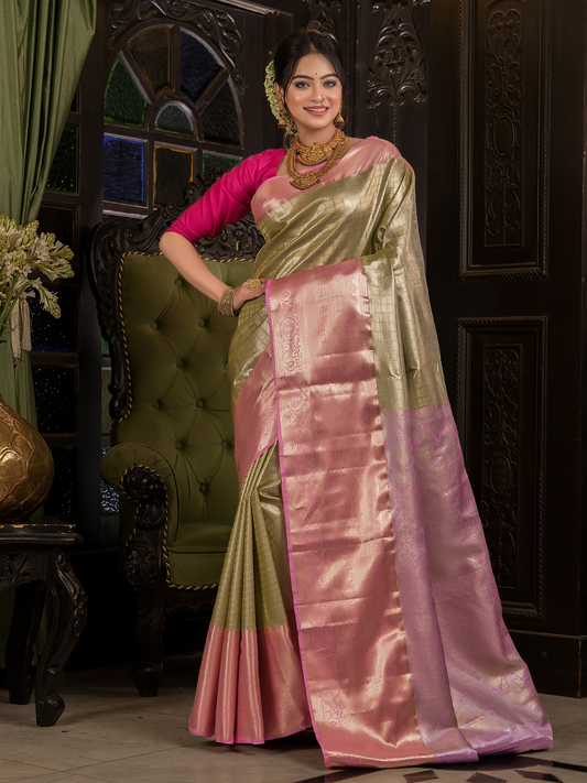 Tulasi  -  Basil green silk with pink-gold border and temple zari