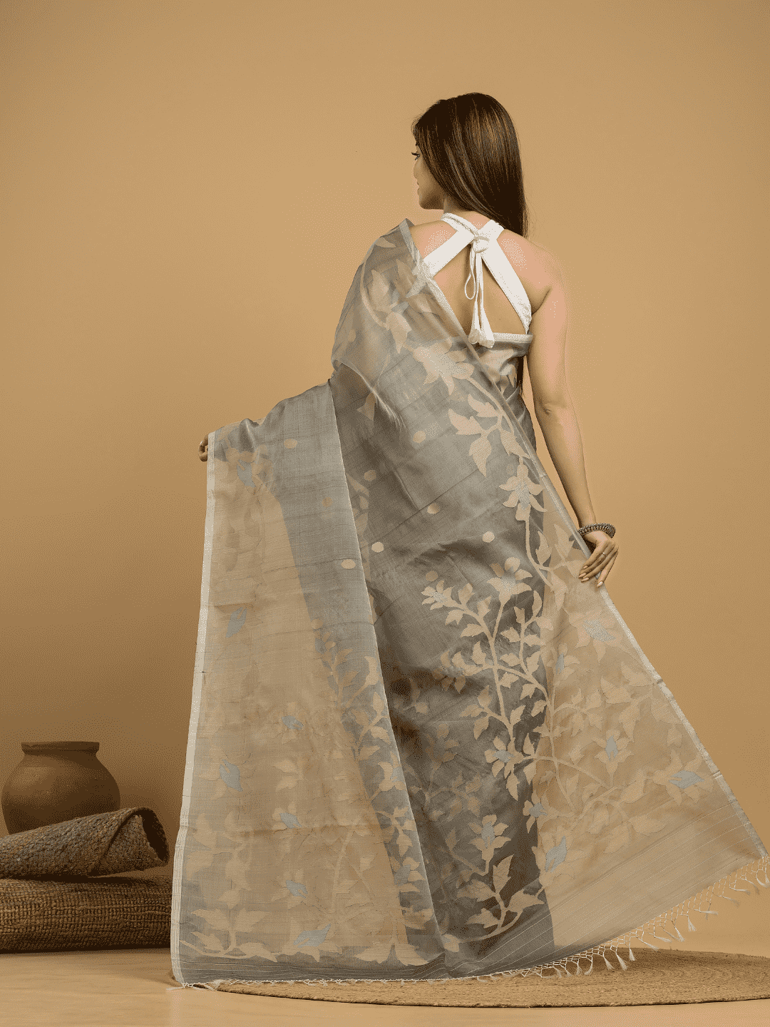Light Black Cotton Silk Jamdani Saree - 027 - indeloom