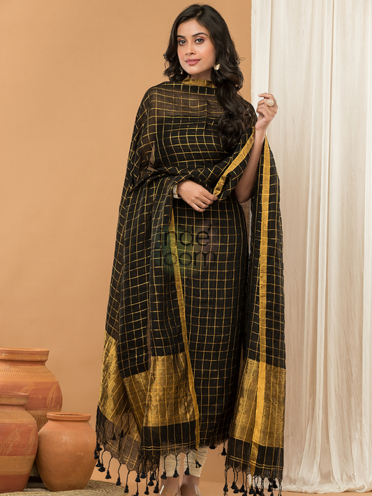 Handwoven Jamdani Linen Unstitched 2-piece Kurti | Midnight Black