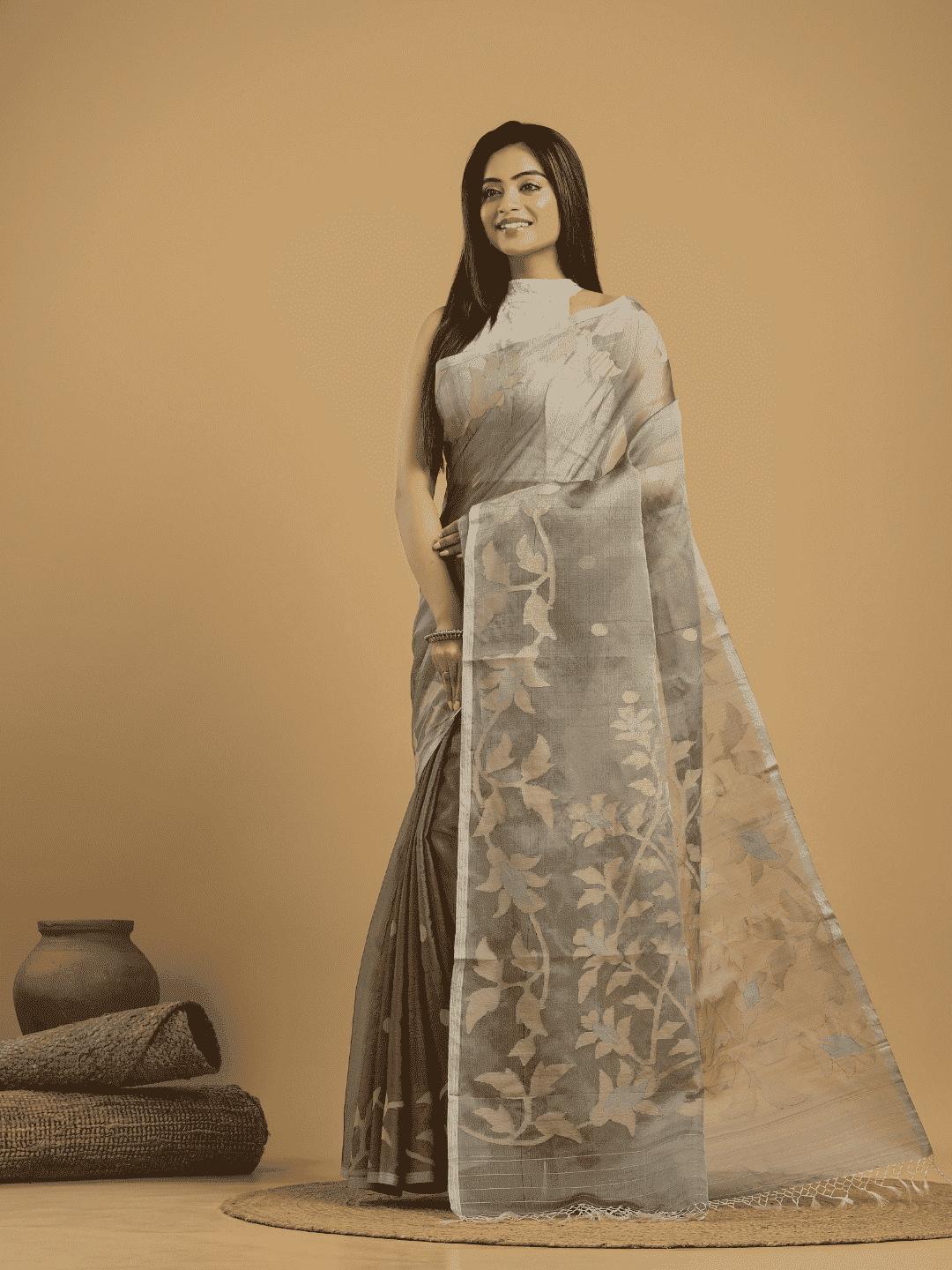 Light Black Cotton Silk Jamdani Saree - 027 - indeloom