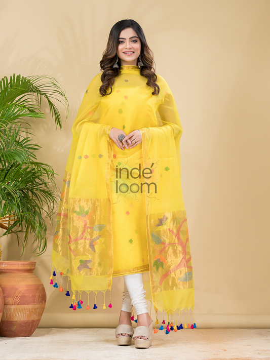 Lemon Zest | Handloom Jamdani Muslin Unstitched 2-Piece Kurti | Paithani Design