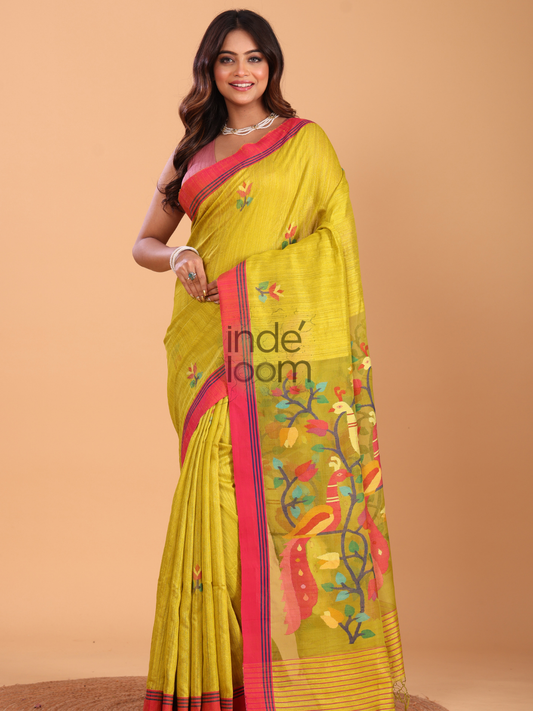 Silk Saree With Neon Yellow - 138