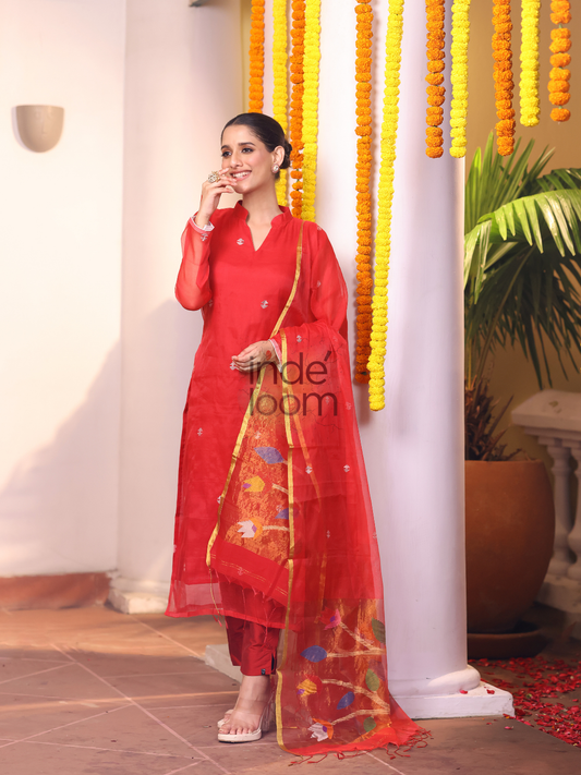 Burnt Scarlet | Handloom Jamdani Muslin Unstitched 2-Piece Kurti | Paithani Design