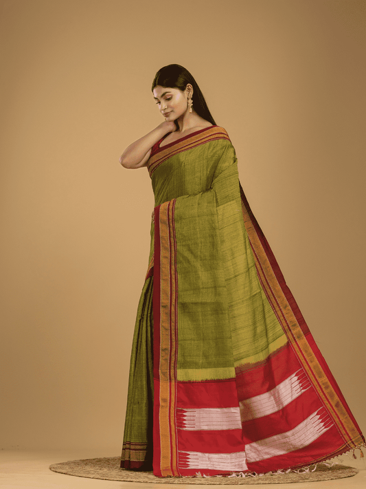 Pure Ilkal Saree With Olive Greenand Red Border - 048