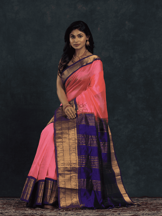 Pure Handloom Korvai Saree | Hot Pink and Golden Blue