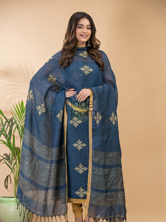 Slate Blue | Handloom Jamdani Linen Unstitched 2-Piece Kurti