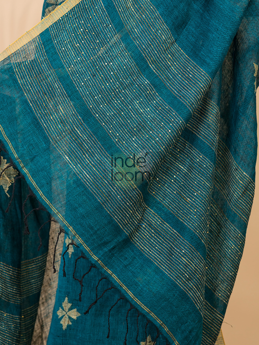 Deep Teal Blue | Handloom Jamdani Linen Unstitched 2-Piece Kurti