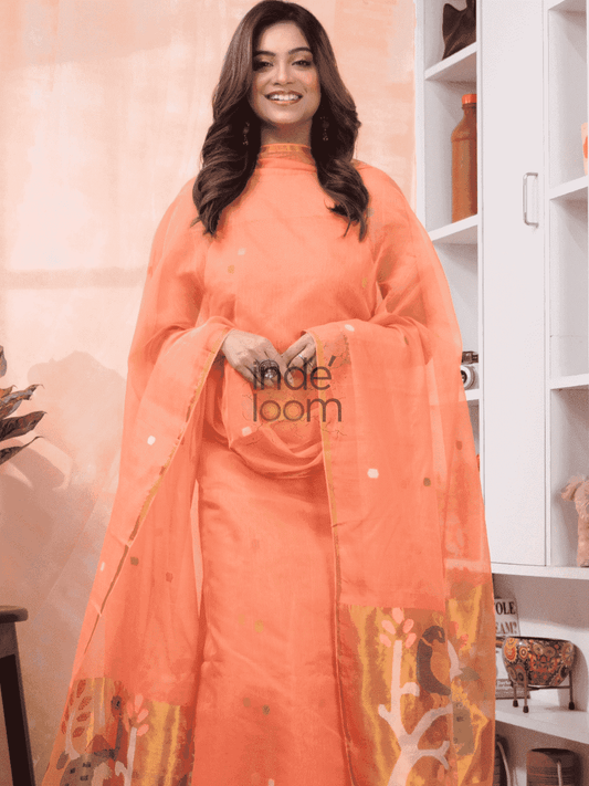 Coral Orange Paithani Muslin Jamdani 2-Piece Set Kurti & Dupatta (UNSTITCHED) -589 - indeloom