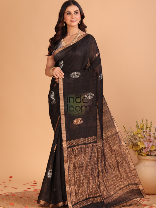 Handloom Matka Silk Jamdani Saree With Rich Black - 111