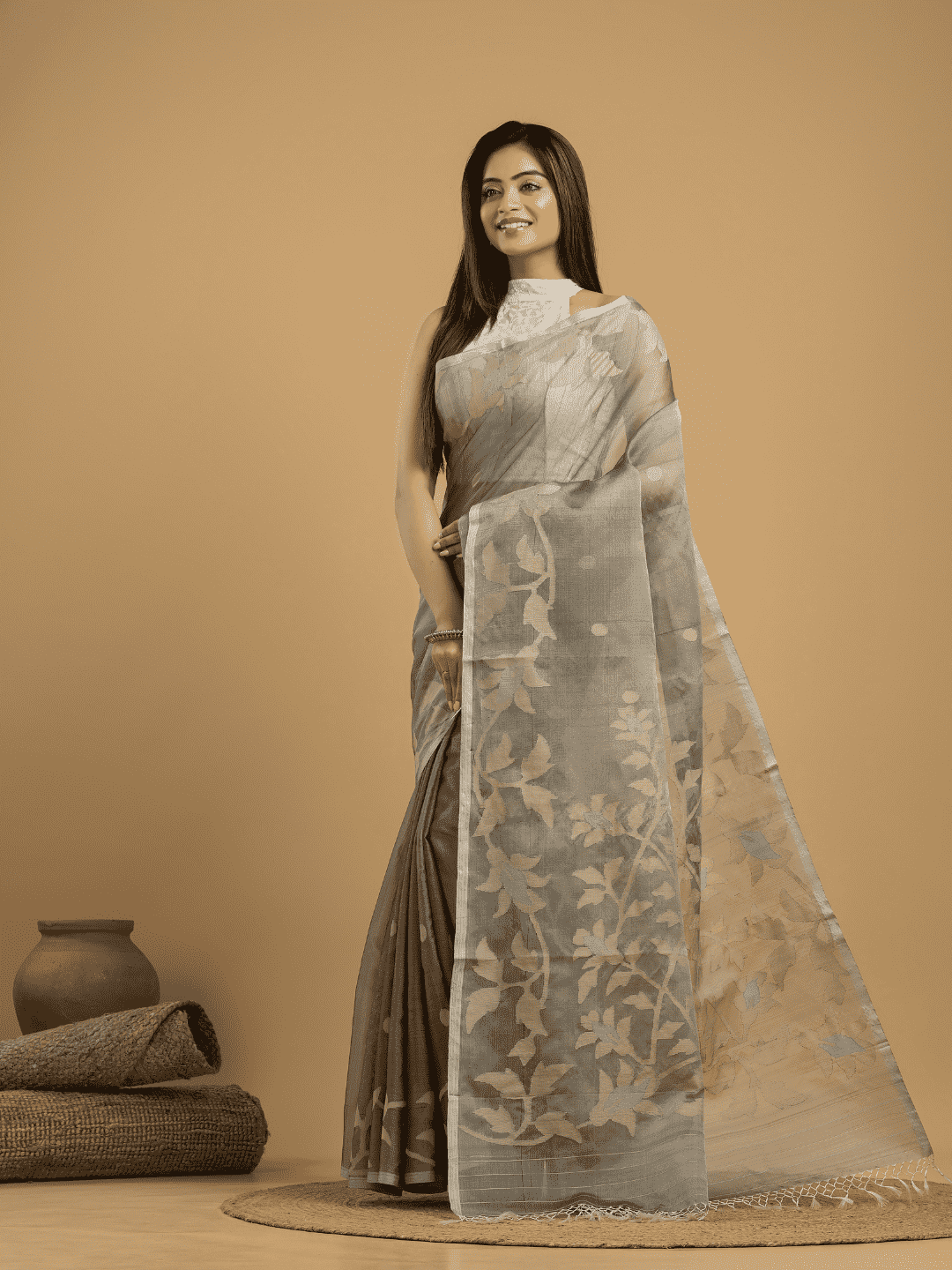 Light Black Cotton Silk Jamdani Saree - 027 - indeloom
