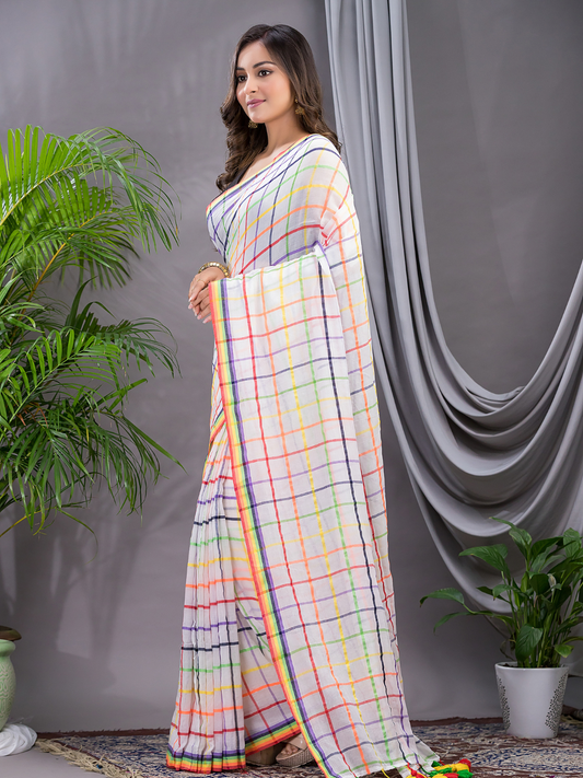 Handloom Khadi Cotton Saree With Cream White - 005