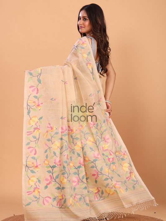 Tussar Silk Jamdani Saree With Pale Brown - 139