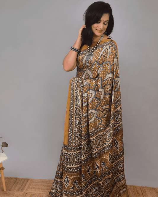 Ajrakh Exclusive Designer Modal Silk in Yellow, Blue and White with Intricate Pattern - 046 - indeloom