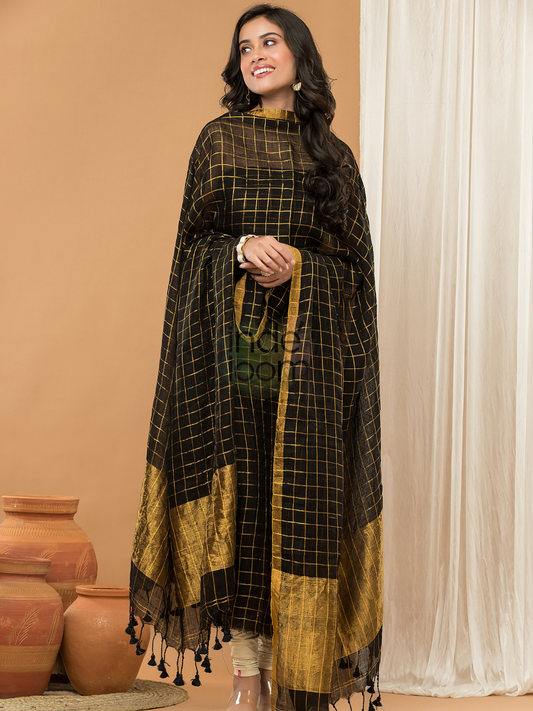Jet Black | Handloom Jamdani Linen Unstitched 2-Piece Kurti