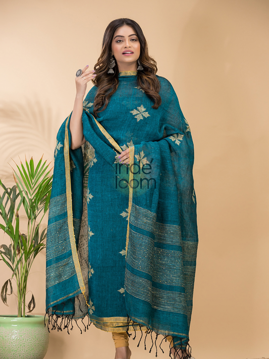 Deep Teal Blue | Handloom Jamdani Linen Unstitched 2-Piece Kurti