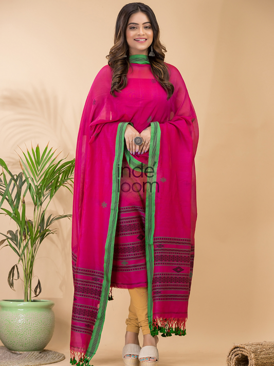 Festival Rose | Handloom Jamdani Mercerised-Cotton Unstitched 2-Piece Kurti | Bhujodi Design