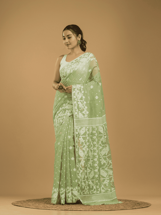 Light Green Soft Silk Jamdani Saree - 008 - indeloom