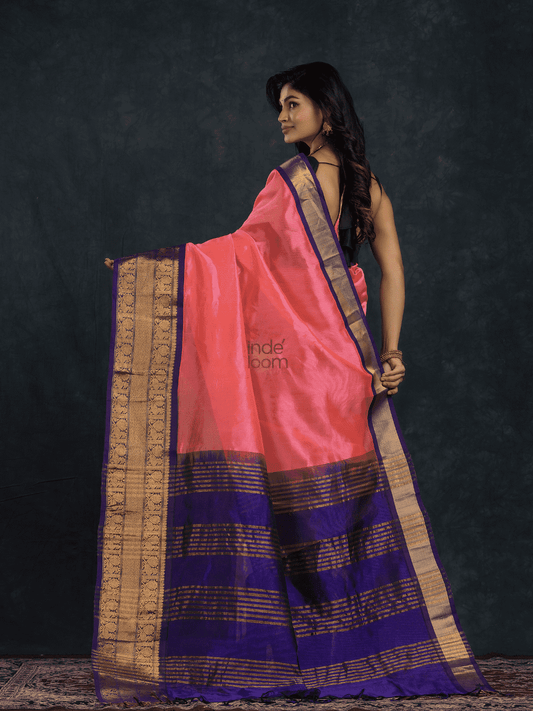 Pure Handloom Korvai Saree | Hot Pink and Golden Blue