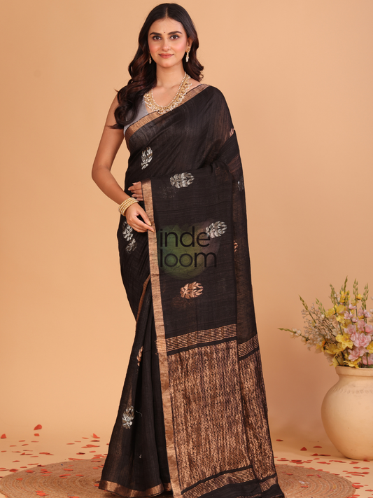 Handloom Matka Silk Jamdani Saree With Rich Black - 111