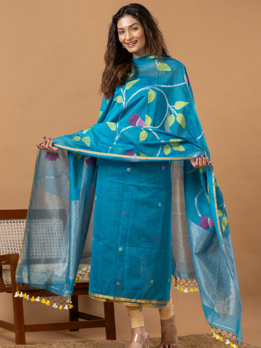Handwoven Jamdani Muslin Unstitched 2-Piece Kurti | Turquoise Blue