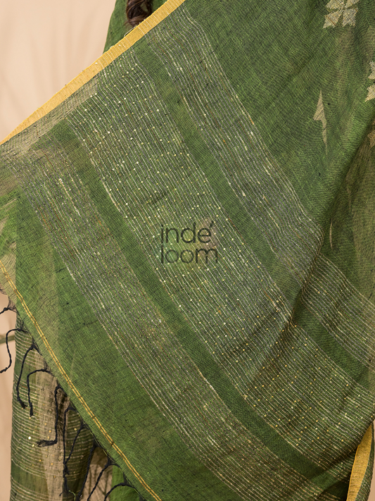Sap Green | Handloom Jamdani Linen Unstitched 2-Piece Kurti