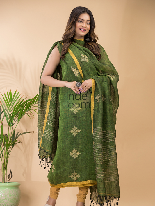 Sap Green | Handloom Jamdani Linen Unstitched 2-Piece Kurti
