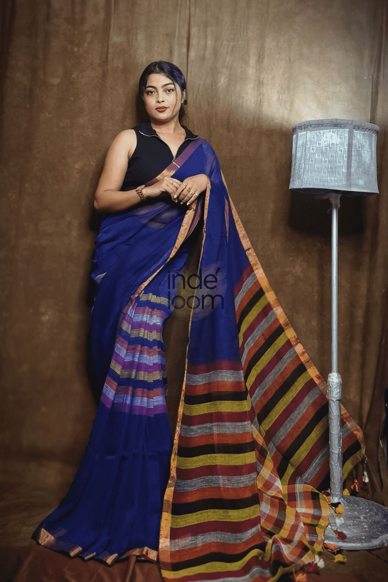 Handloom Linen Checks Saree with Multicolor Stripes-007 - indeloom