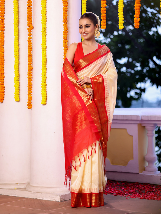 Pure Handloom Korvai Saree | Ivory White and Red