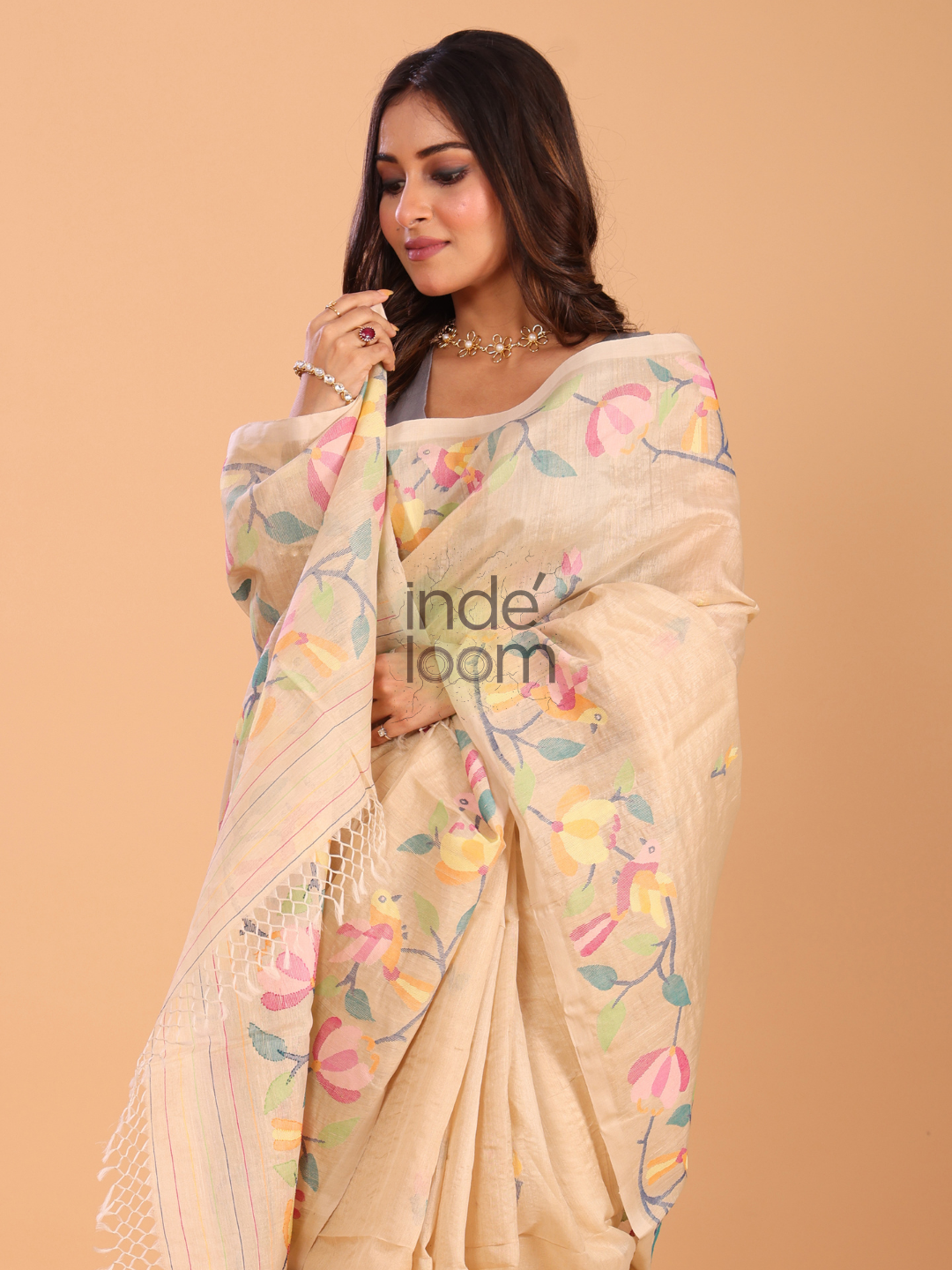 Tussar Silk Jamdani Saree With Pale Brown - 139