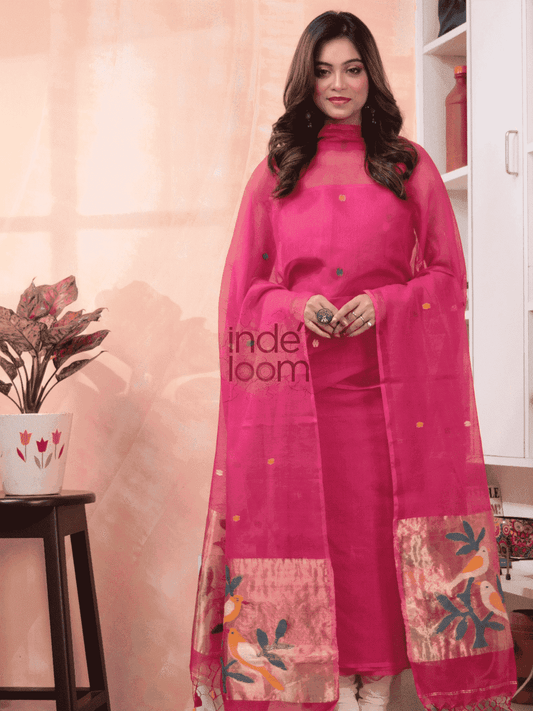 Hot Pink Paithani Muslin Jamdani 2-Piece Set Kurti & Dupatta (UNSTITCHED) -592 - indeloom