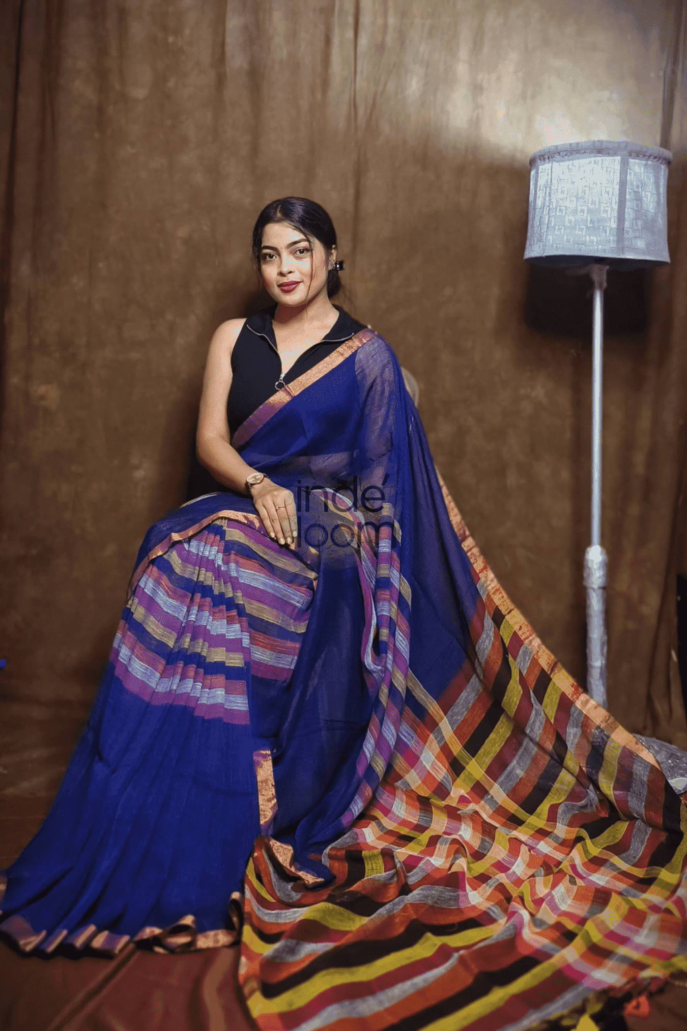 Handloom Linen Checks Saree with Multicolor Stripes-007 - indeloom